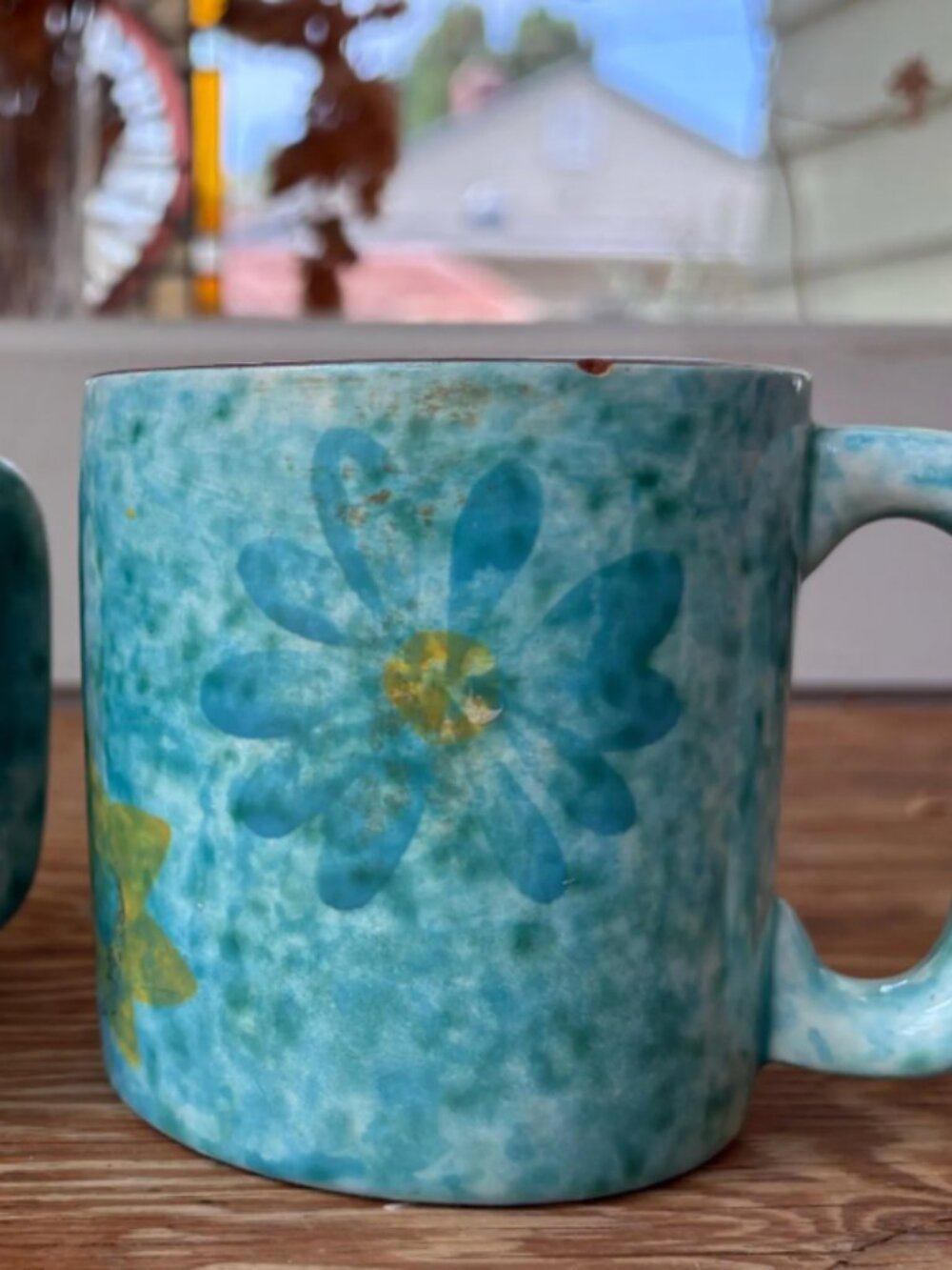 Vintage Stangl Pottery Coffee Mugs - Tea Cup - Aqua Floral, Mid-Century Set of 2
